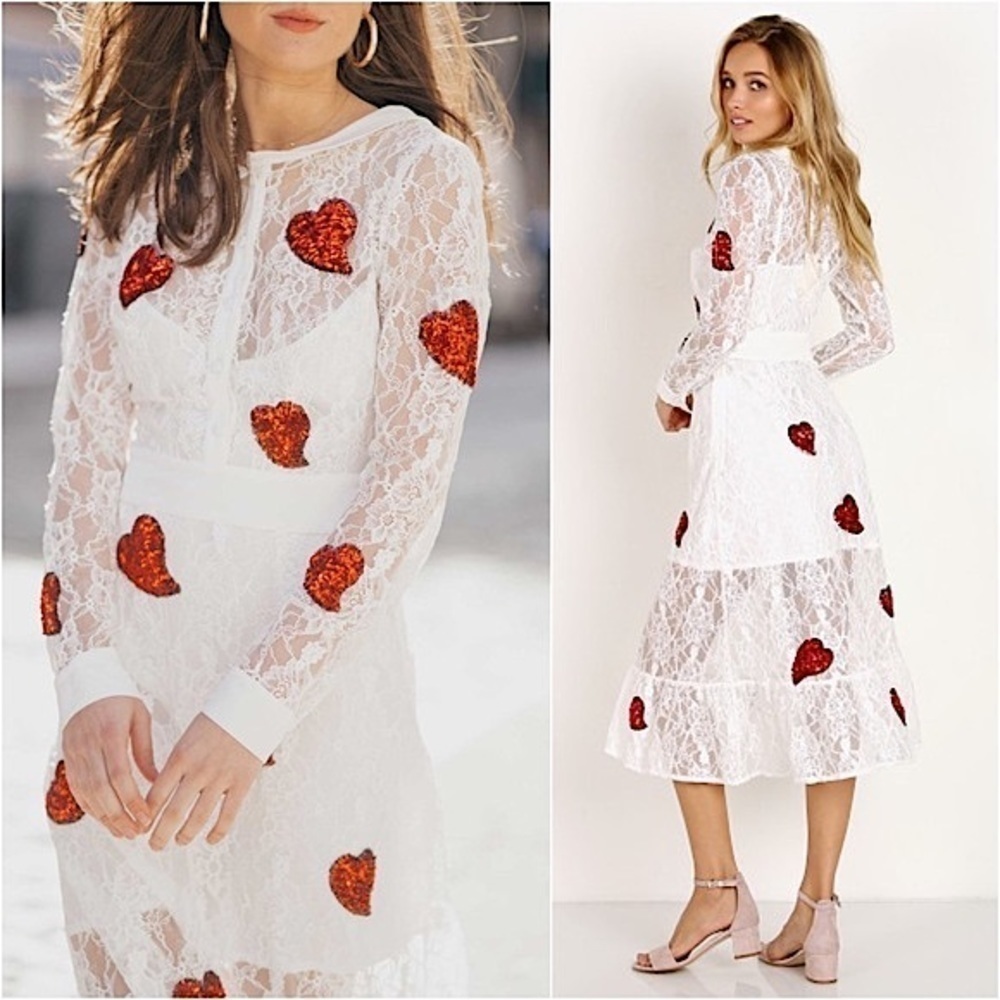 NWT FOR LOVE & LEMONS x JAMIE KING White Lace Red Sequin Hearts Midi Dress Sz S - Picture 8 of 14